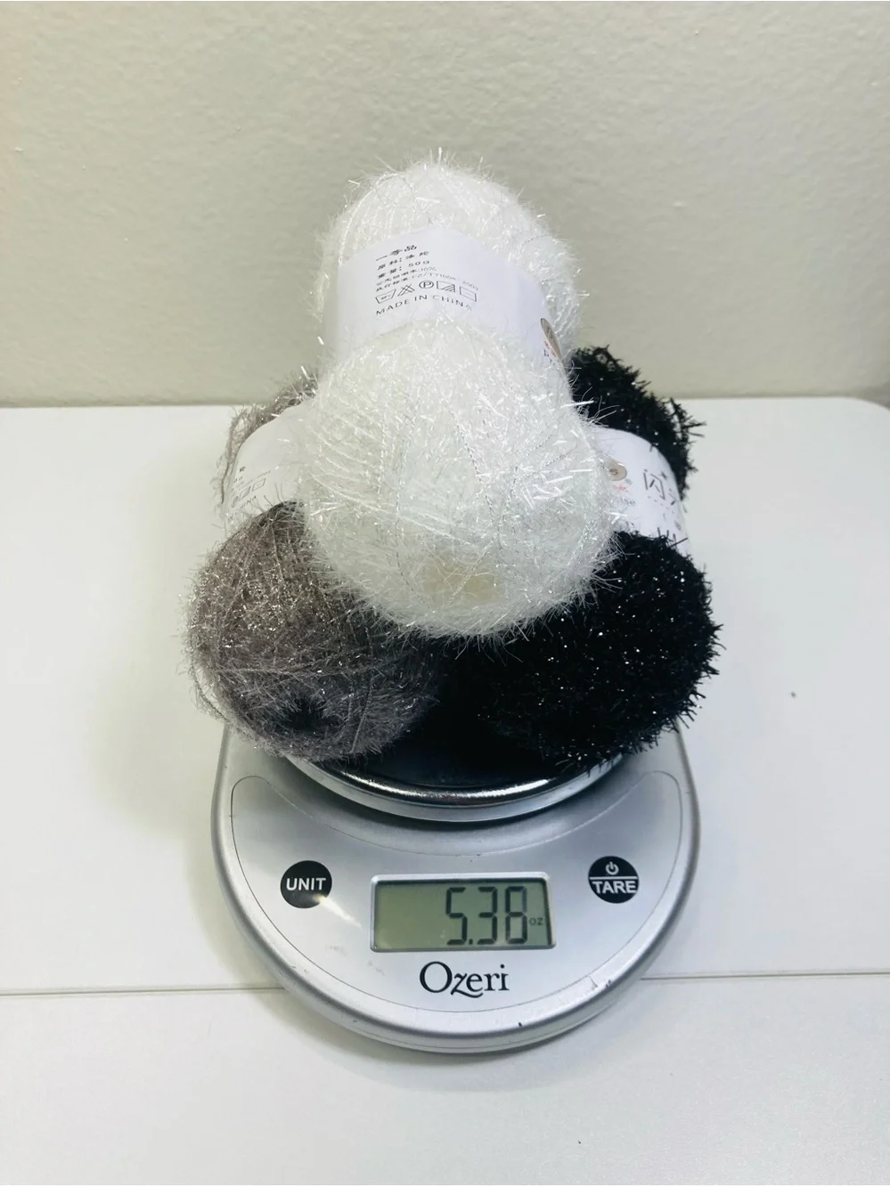 NEW 151 g / 5.38 oz Sparkly Scrubby Yarn Trio - White, Grey, Black